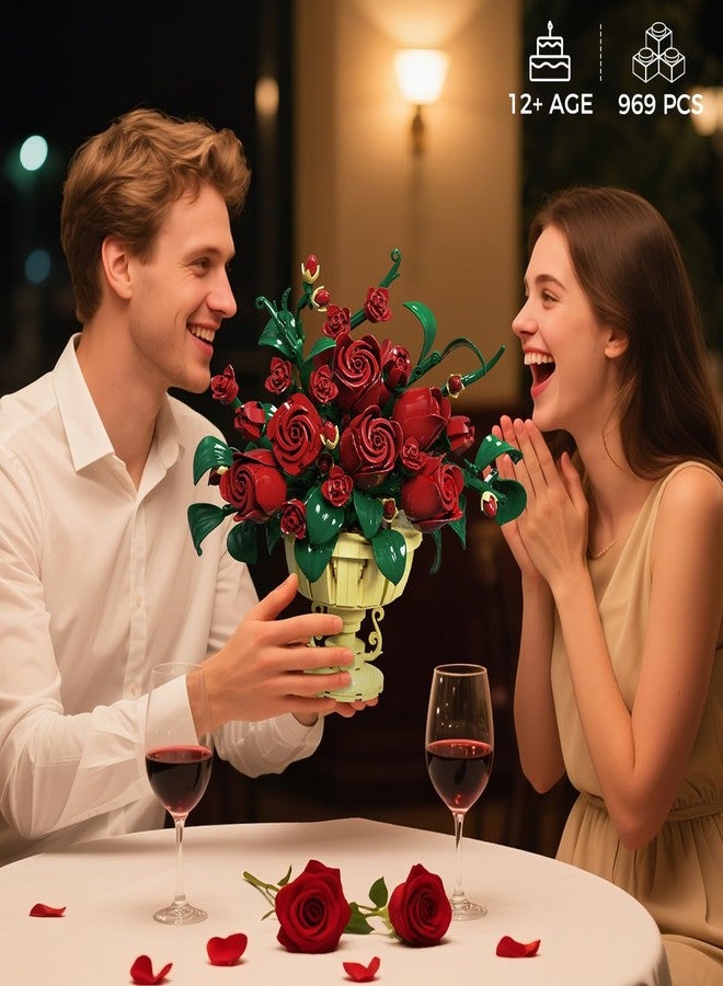 PLAXSOON مجموعة بناء زهور الورد من PLAXSOON، 969 قطعة، مجموعة مكعبات بناء باقة زهور نباتية مع وعاء، مجموعة نباتات بونساي اصطناعية لتزيين المكتب والمنزل، هدية عيد ميلاد للبالغين من النساء والأولاد والبنات من عمر 12 عامًا فما فوق - Image 2